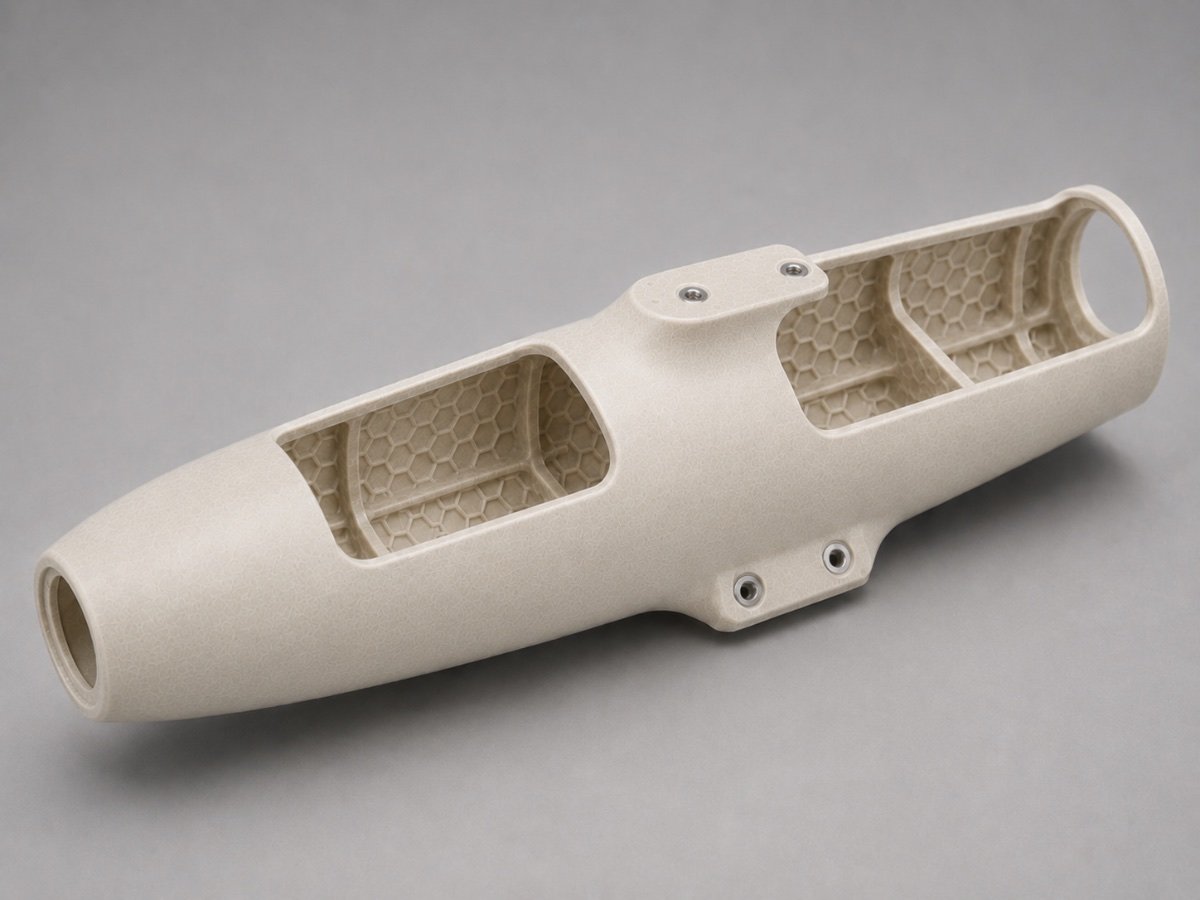 Grown fuselage shell, one piece, with internal honeycomb ribbing and bonded metal mounting inserts