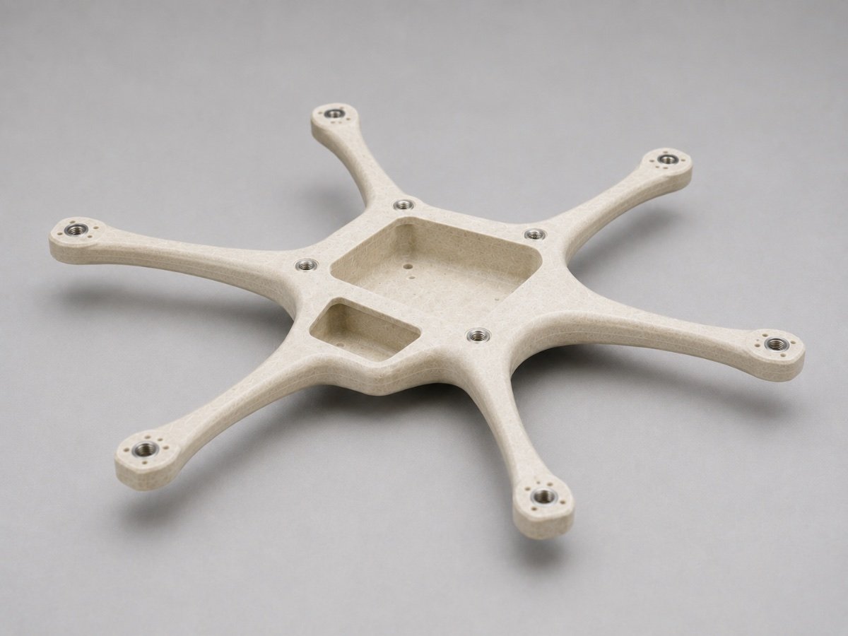 Grown hexacopter frame, one piece, with threaded metal inserts at each arm end and a central equipment bay
